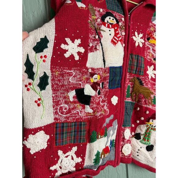 Vintage Christmas Sweater Jacket – P/L – Multi-Patch Snowmen Ice Skating Scene - Picture 3 of 6